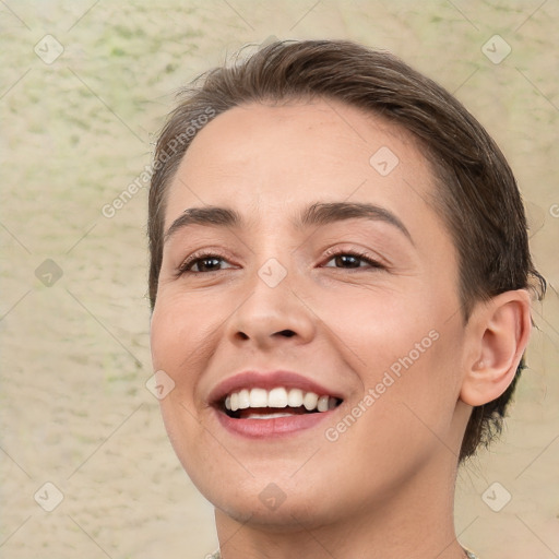 Joyful white young-adult female with medium  brown hair and brown eyes