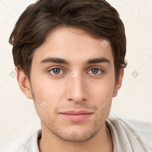 Neutral white young-adult male with short  brown hair and grey eyes