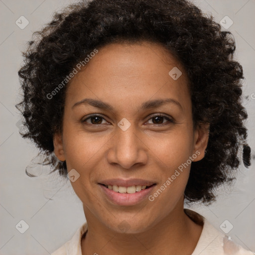 Joyful white adult female with short  brown hair and brown eyes