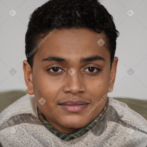 Joyful black young-adult male with short  brown hair and brown eyes