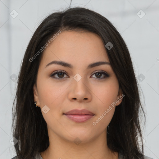 Neutral asian young-adult female with long  brown hair and brown eyes