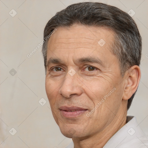 Joyful white middle-aged male with short  brown hair and brown eyes