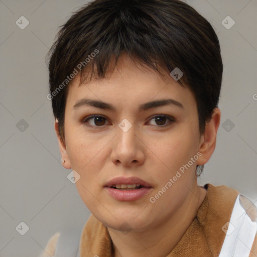 Neutral white young-adult female with short  brown hair and brown eyes