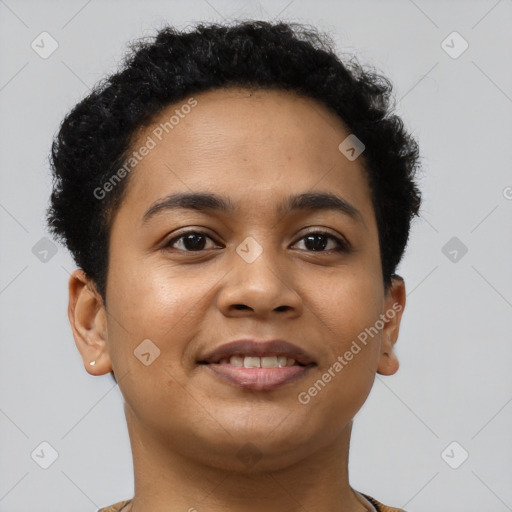 Joyful latino young-adult female with short  brown hair and brown eyes