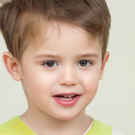 Joyful white child male with short  brown hair and brown eyes