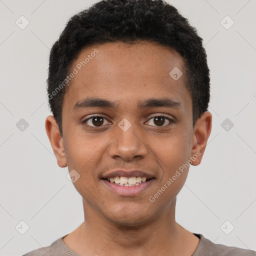 Joyful latino young-adult male with short  brown hair and brown eyes