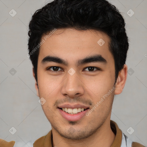 Joyful latino young-adult male with short  black hair and brown eyes