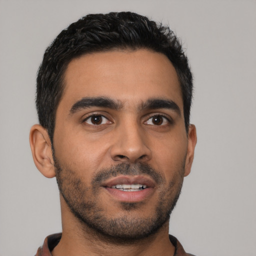 Neutral latino young-adult male with short  black hair and brown eyes