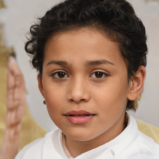 Joyful white child female with short  brown hair and brown eyes