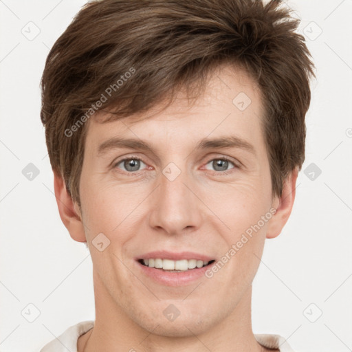 Joyful white adult male with short  brown hair and grey eyes