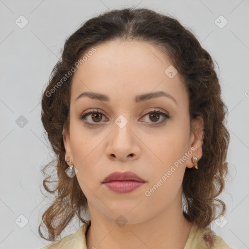 Neutral white young-adult female with medium  brown hair and brown eyes