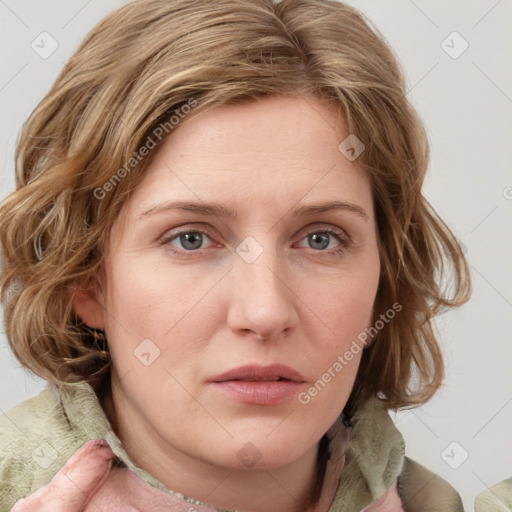 Neutral white young-adult female with medium  brown hair and grey eyes