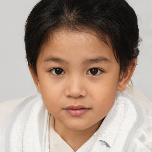 Joyful white child female with medium  brown hair and brown eyes