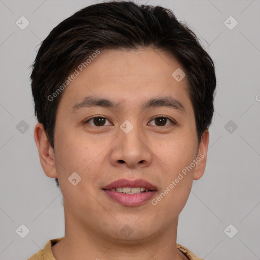 Joyful white young-adult male with short  brown hair and brown eyes