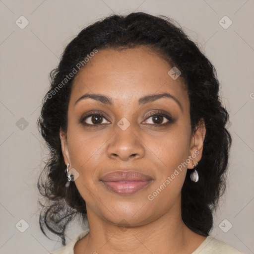 Joyful black young-adult female with medium  brown hair and brown eyes