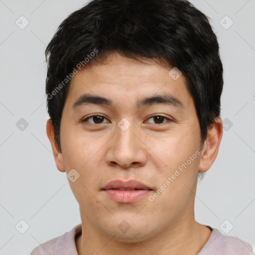 Neutral asian young-adult male with short  brown hair and brown eyes