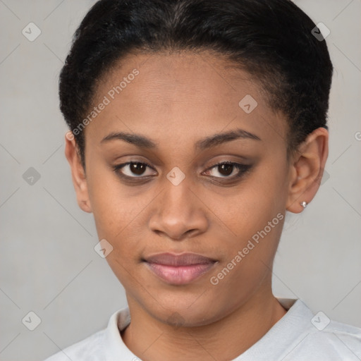 Joyful latino young-adult female with short  brown hair and brown eyes