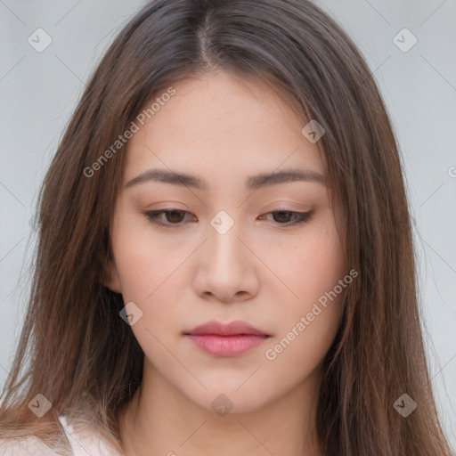 Neutral white young-adult female with long  brown hair and brown eyes