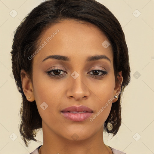 Joyful white young-adult female with medium  brown hair and brown eyes