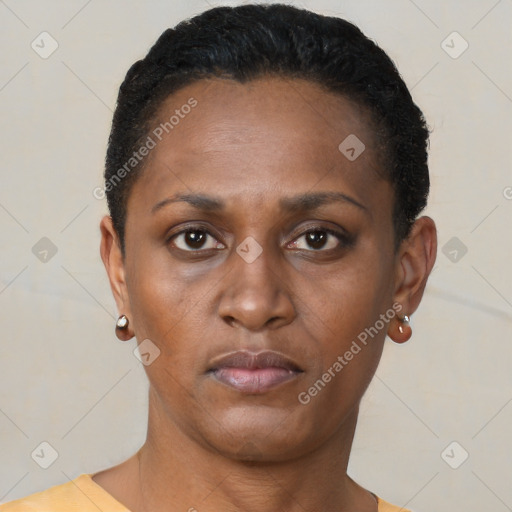 Neutral black young-adult female with short  brown hair and brown eyes