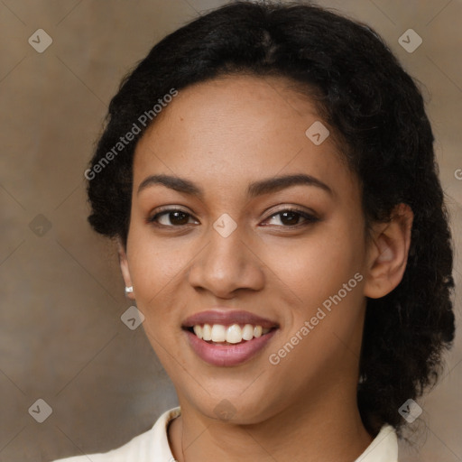 Joyful latino young-adult female with medium  black hair and brown eyes