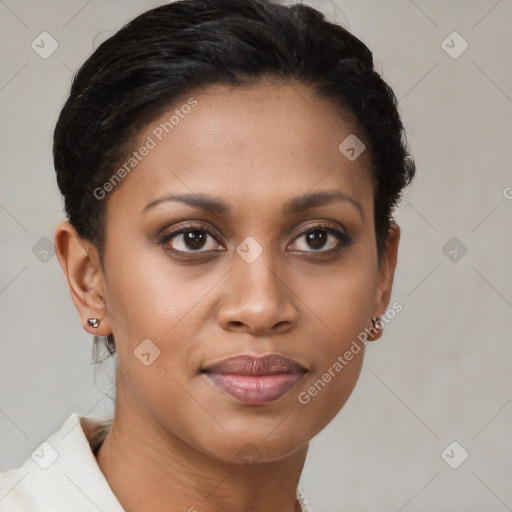 Joyful black young-adult female with short  brown hair and brown eyes