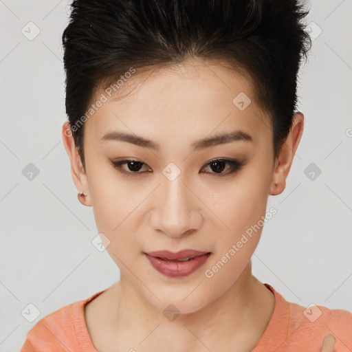 Joyful asian young-adult female with short  brown hair and brown eyes