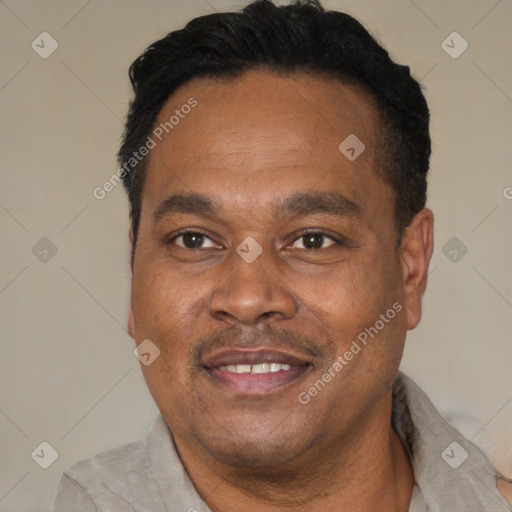 Joyful black adult male with short  black hair and brown eyes