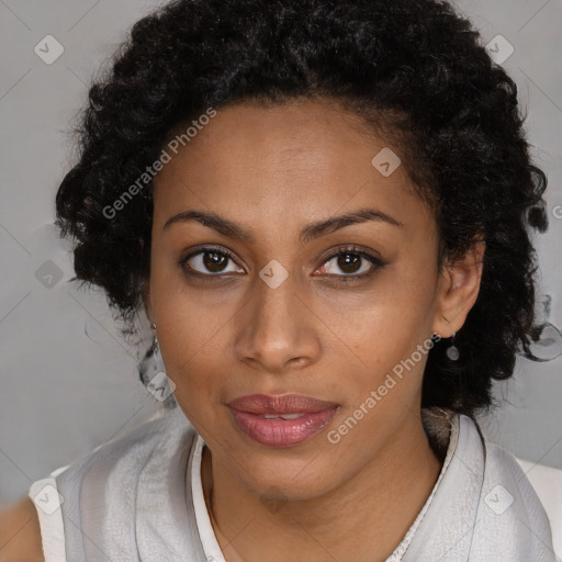 Joyful black young-adult female with medium  brown hair and brown eyes