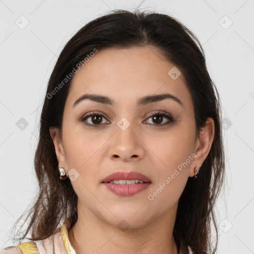 Joyful white young-adult female with long  brown hair and brown eyes