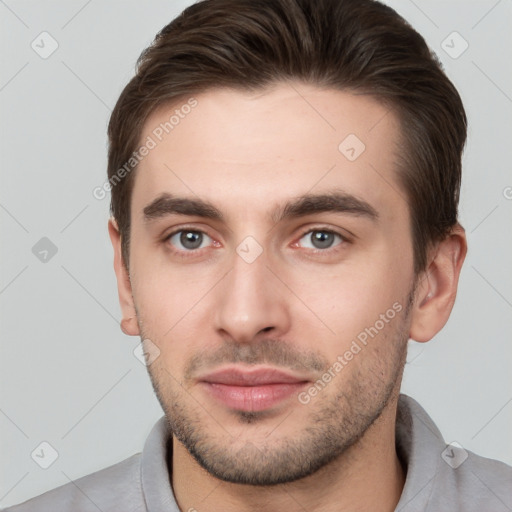 Neutral white young-adult male with short  brown hair and brown eyes