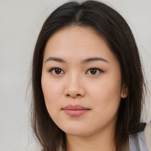 Neutral asian young-adult female with long  brown hair and brown eyes