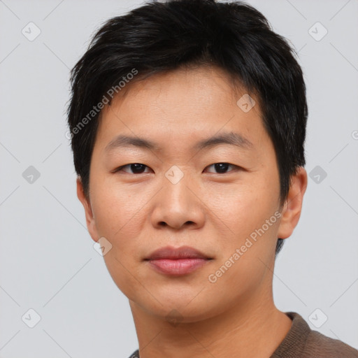 Neutral asian young-adult male with short  black hair and brown eyes