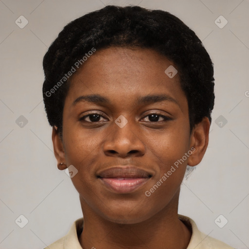 Joyful black young-adult female with short  black hair and brown eyes