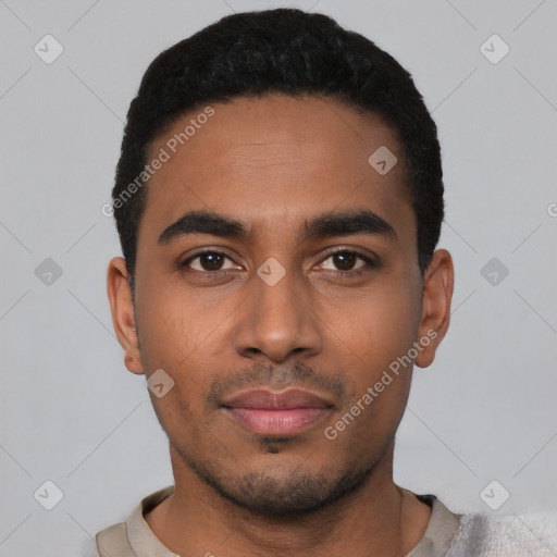 Neutral latino young-adult male with short  black hair and brown eyes