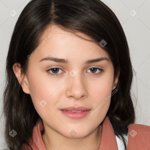 Neutral white young-adult female with medium  brown hair and brown eyes