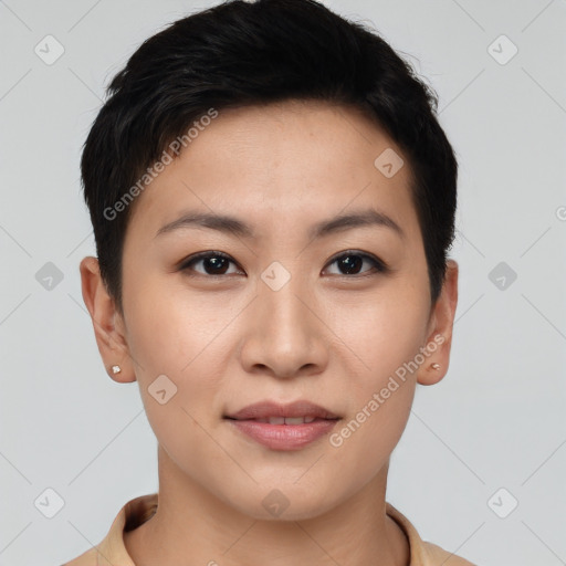 Joyful asian young-adult female with short  brown hair and brown eyes