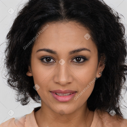 Joyful latino young-adult female with long  brown hair and brown eyes