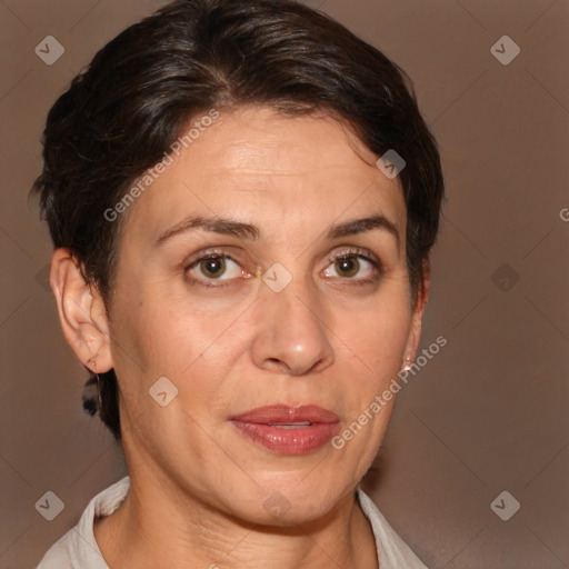 Joyful white adult female with short  brown hair and brown eyes