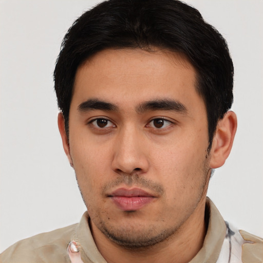 Neutral asian young-adult male with short  black hair and brown eyes