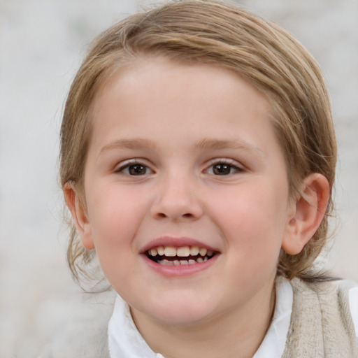 Joyful white child female with medium  brown hair and blue eyes