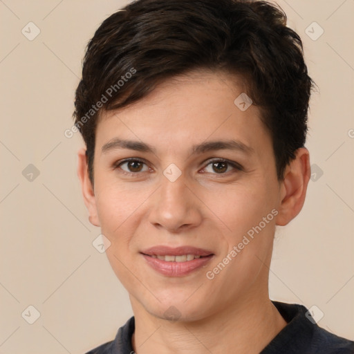 Joyful white young-adult female with short  brown hair and brown eyes