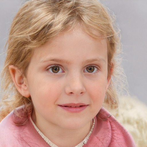 Joyful white child female with medium  brown hair and blue eyes