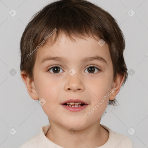 Joyful white child male with short  brown hair and brown eyes