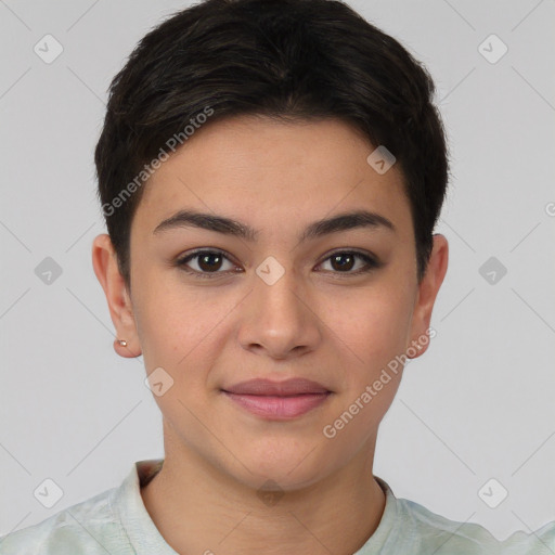 Joyful asian young-adult female with short  brown hair and brown eyes