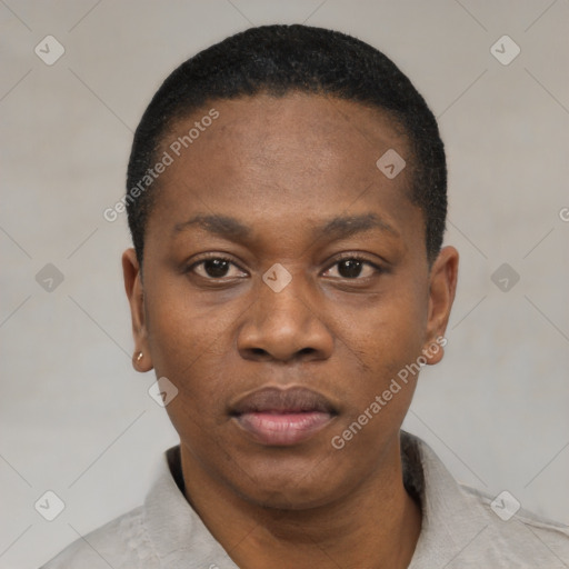 Neutral black young-adult male with short  black hair and brown eyes
