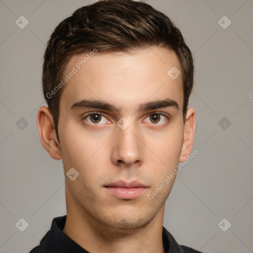 Neutral white young-adult male with short  brown hair and brown eyes