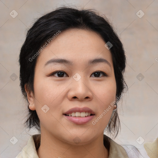 Joyful asian young-adult female with medium  brown hair and brown eyes