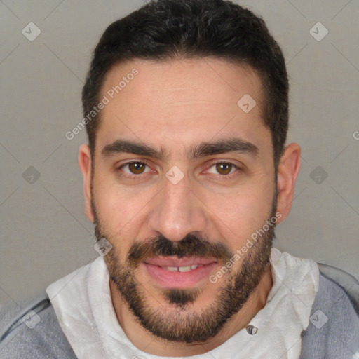 Joyful white young-adult male with short  brown hair and brown eyes