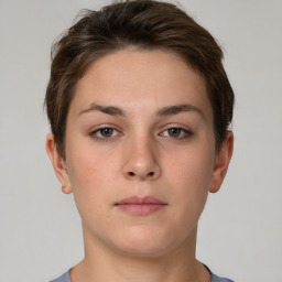 Neutral white young-adult female with short  brown hair and brown eyes